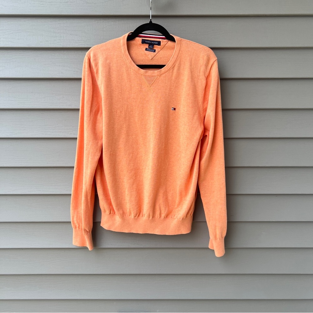 Tommy Hilfiger Mens L Crew Neck Sweater Cotton Knit Peach Orange Pullover Casual